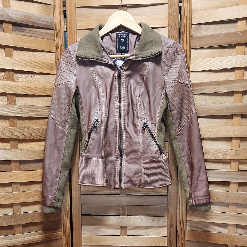 Guess Brown Faux Leather Jacket Moto Women XS Bomber Coat Rose